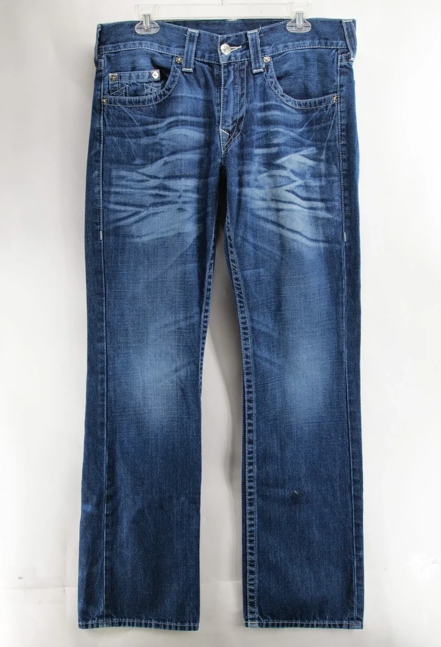 True Religion Straight Nat Jeans Men 33x34 MMD800TS Blue Thick Stitch Faded Wash